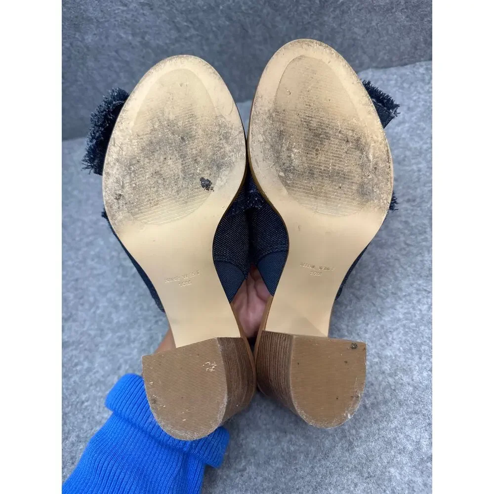 Nine West Byron Denim Fringe Bow Slide Block Heel Sandals Women 10